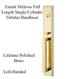 EMTEK CLASSIC MELROSE 4212 FULL LENGTH SINGLE CYLINDER TUBULAR HANDLESET - LEFT HANDED - LIFETIME POLISHED BRASS