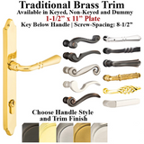 MULTIPOINT LOCK TRIM, 1-1/2 X 11 INCH PLATE, BRASS TRADITIONAL HANDLE SET - CHOOSE HANDLE LEVER