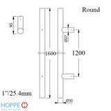 HOPPE BAR-SHAPED ROUND PULL HANDLE, 63" - STAINLESS STEEL
