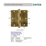 Emtek 96133 Residential Duty Hinges (Pair), 3-1/2" x 3-1/2" with 5/8" Radius Corners