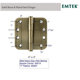 Emtek 96425 Heavy Duty Ball Bearing Hinges (Pair), 4-1/2" x 4-1/2" with 1/4" Radius Corners, Solid Brass