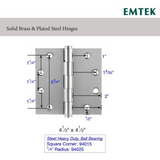 Emtek 96415 Heavy Duty Ball Bearing Hinges (Pair), 4-1/2" x 4-1/2" with Square Corners, Solid Brass