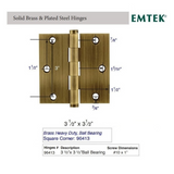 Emtek 96413 Heavy Duty Ball Bearing Hinges (Pair), 3-1/2" x 3-1/2" with Square Corners, Solid Brass