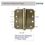 Emtek 94034 Heavy Duty Ball Bearing Hinges (Pair), 4" x 4" with 5/8" Radius Corners, Plated Steel