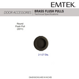 Emtek 2211 Round Brass Flush Pulls (2-1/2" Diameter)