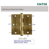 Emtek 94013 Heavy Duty Ball Bearing Hinges (Pair), 3-1/2" x 3-1/2" with Square Corners, Plated Steel