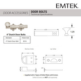 Emtek 8516 Dutch Door Bolt, 4"