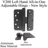 V200 Left Hand All In One Adjustable Hinge, Aluminum Base