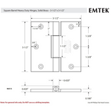 Emtek 96513 Solid Brass Square Barrel Heavy Duty Hinges (Pair), 3-1/2" x 3-1/2" (Original Thicker Leaf Thickness 0.180")