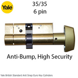 35/35 Euro Profile Cylinder, Anti-Bump, High Security, Yale Key - Satin Brass