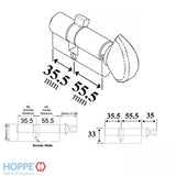 55.5/35.5 Hoppe Non Logo 90° Active Keyed Euro Profile Cylinder, Crescent Knob