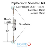 HOPPE 3-POINT MULTIPOINT LOCK, DOOR HEIGHTS 76.61"- 80.56", 1-3/8" BACKSET, SHOOTBOLT VERSION