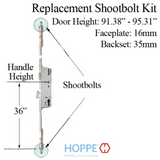 HOPPE 3-POINT MULTIPOINT LOCK, DOOR HEIGHTS 91.38" - 95.31, 1-3/8" BACKSET, SHOOTBOLT VERSION