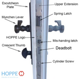 HOPPE 3-POINT MULTIPOINT LOCK, DOOR HEIGHTS 85.47"- 89.41", 1-3/4" BACKSET, SHOOTBOLT VERSION