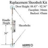 HOPPE 3-POINT MULTIPOINT LOCK, DOOR HEIGHTS 88.43"- 92.36", 1-3/4" BACKSET, SHOOTBOLT VERSION