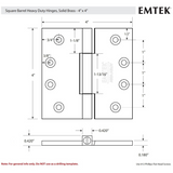 Emtek 96514 Solid Brass Square Barrel Heavy Duty Hinges (Pair), 4" x 4" (Original Thicker Leaf Thickness 0.180")