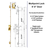 MP Lock, Sentry XL Triple Latch 8-0 Door 5-1/2 PZ x 2-3/8" BS