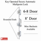 SECURY AUTOMATIC MULTIPOINT LOCK, KEY OPERATED, GEAR DRIVEN 6-8 DOOR and 8’ Doors with multiple backset options SS