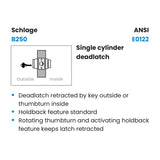 Schlage Commercial B250J Single Cylinder Deadlatch, Less Full Size Interchangeable Core