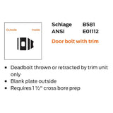 Schlage Commercial B581 Door Bolt with Trim, Inside Turn x Blank Plate