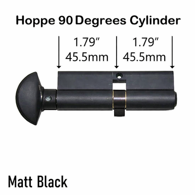 Matt Black Hoppe 90 Degrees Cylinder with measurements on a white background