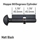 Matt Black Hoppe 90 Degrees Cylinder with measurements on a white background