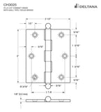 Deltana CH3025 Cabinet Hinge, 3" x 2-1/2", with Ball Tips (Pair)