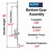 HOPPE 16mm Manual Gear, 70/92, Roller-Shootbolt, Roller at 24.41″, 1″ Deadbolt – 3924524