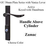 G-U VENICE HANDLE & 30MM PLATE, ZAMAC, ACTIVE, KEY & THUMBTURN (HANDLE ABOVE CYLINDER) CHOOSE COLOR