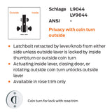 Schlage L9044 06A Privacy with Coin Turn Outside Mortise Lock, 06 Lever, A Rose