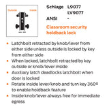 Schlage L9077P 06A Classroom Security Holdback Mortise Lock, 06 Lever, A Rose