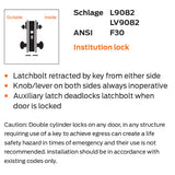 Schlage Commercial L9082J SK1 630 Institution Mortise Lock, Anti-Ligature Knob, FSIC Prep