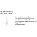 Sargent 8255 LNP Office or Entry Mortise Lock, P Lever, LN Rose