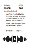 Schlage Commercial D60PD ORB Vestibule Cylindrical Lock, Orbit Knob