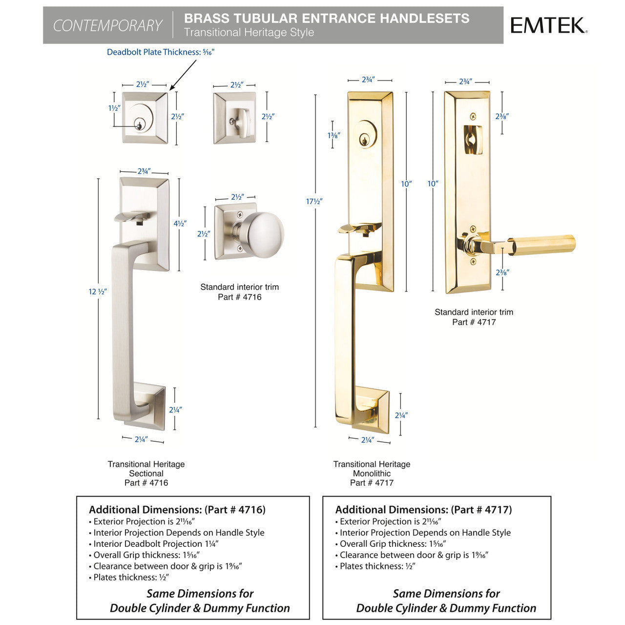 Emtek EMP4717 Transitional Heritage Monolithic Single Cylinder Entrance Handleset - Brass Tubular - EMPowered Upgrade