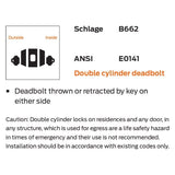 Schlage Commercial B662J Double Cylinder Deadbolt, Less Full Size Interchangeable Cores
