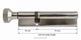 BKS silver Euro profile key and thumbturn cylinder: 35 mm from center fixing hole to thumbturn-side body end, 75 mm to key-side body end, 110 mm body length. Photo for size illustration.