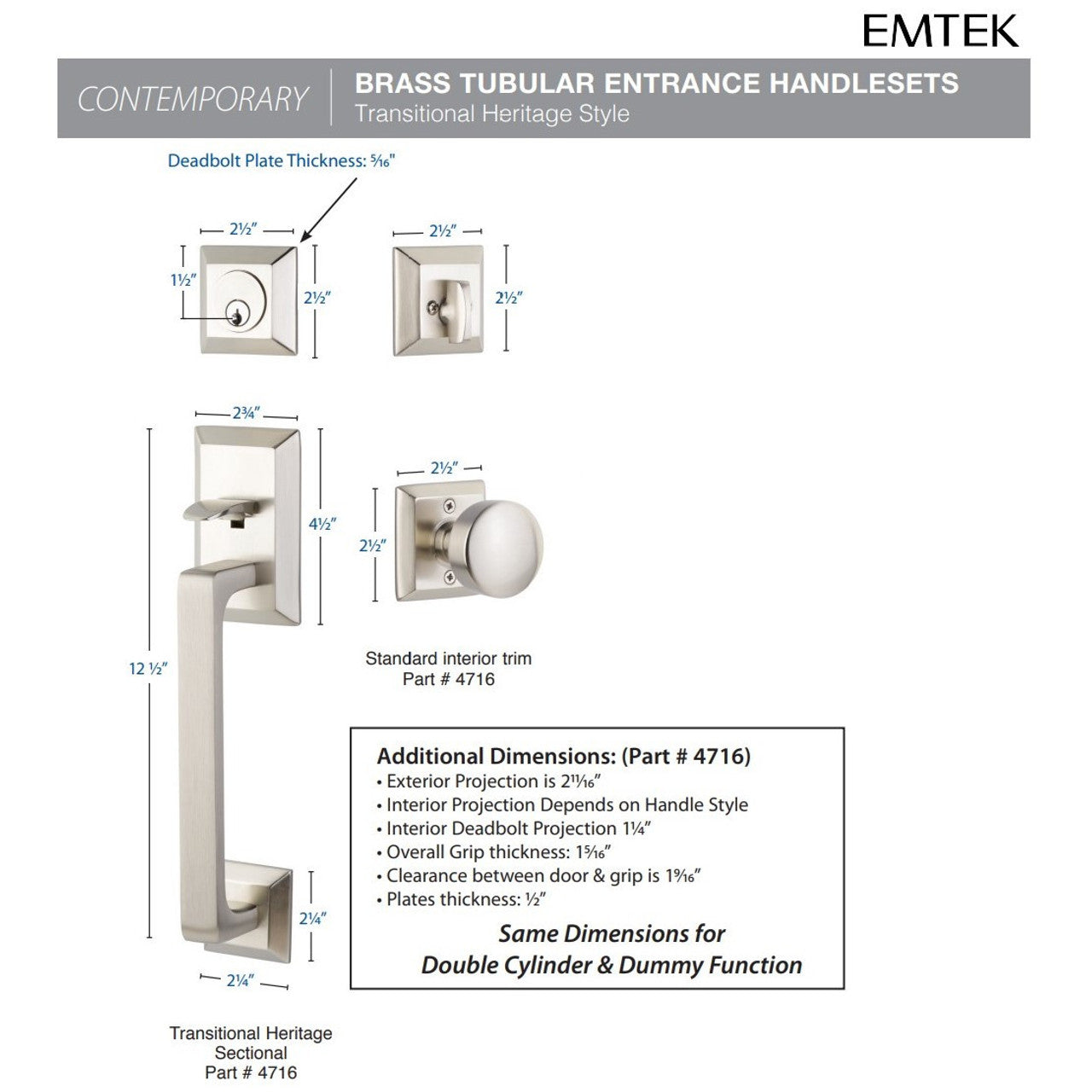 Emtek 4706 Transitional Heritage Sectional Dummy Entrance Handleset - Brass Tubular