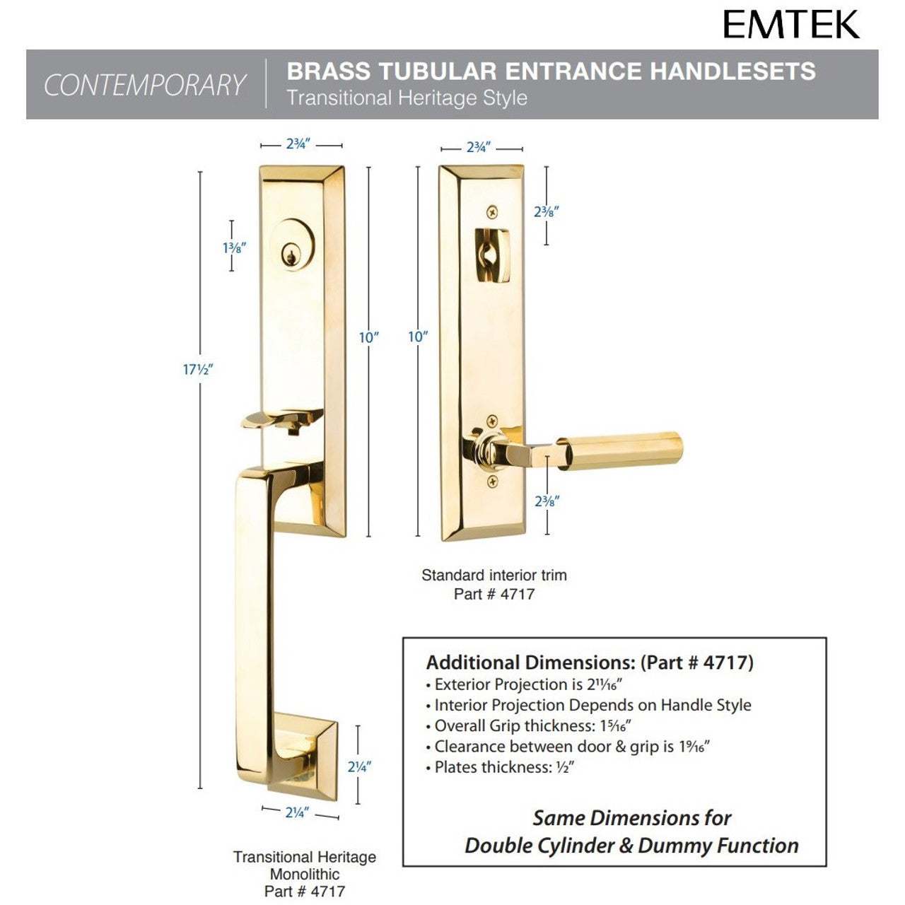 Emtek 4707 Transitional Heritage Monolithic Dummy Entrance Handleset - Brass Tubular