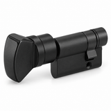 Illustrative product render: HOPPE 45.5/10 Euro profile half cylinder, 90° V-knob, matte black F9714M