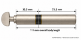 HOPPE 40008125 cylinder illustration with D-thumbturn on 35.5 mm side; 75.5 mm opposite side; dimensions measured from black cam centerline; 111 mm body excluding thumbturn.
