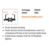 Schlage Commercial ND50JD HSLR 630 Entrance/Office Lock, High Security Ligature Resistant Trim, FSIC Prep