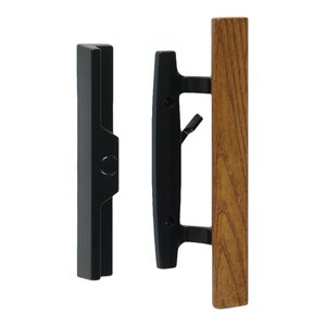 Lanai Sliding Glass Door Handle Set with Lock, Non-Keyed, Oak Wood Pull, Black