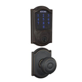 Schlage Connect Camelot Touchscreen Electronic Deadbolt with Z-Wave Plus Technology and Passage Georgian Knob and Decorative Camelot Trim