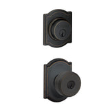 Schlage Bowery Single Cylinder Keyed Entry Door Knob Set and Camelot Deadbolt Combo with Camelot Rose