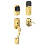 Schlage Connect Camelot Touchscreen Handleset with Left Handed Accent Lever, Decorative Camelot Rose, and Built-in Alarm