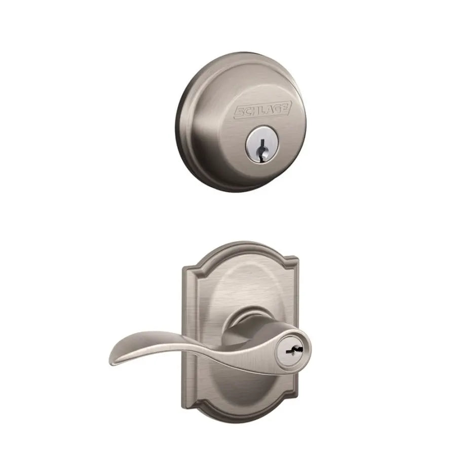 Schlage FB50ACC608 Satin Brass Accent Single Cylinder Keyed Entry Door  Lever Set and Deadbolt Combo 